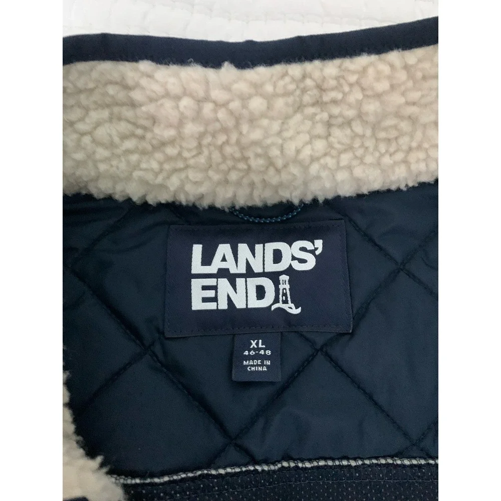 Lands' End Vest Men's Sz XL Fleece With Quilted Panels Ivory And Navy Gorpcore